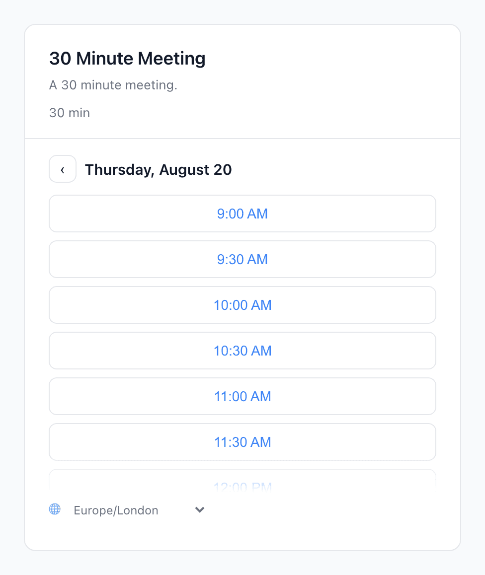An Astrocal booking page showing available times for a 30 minute meeting